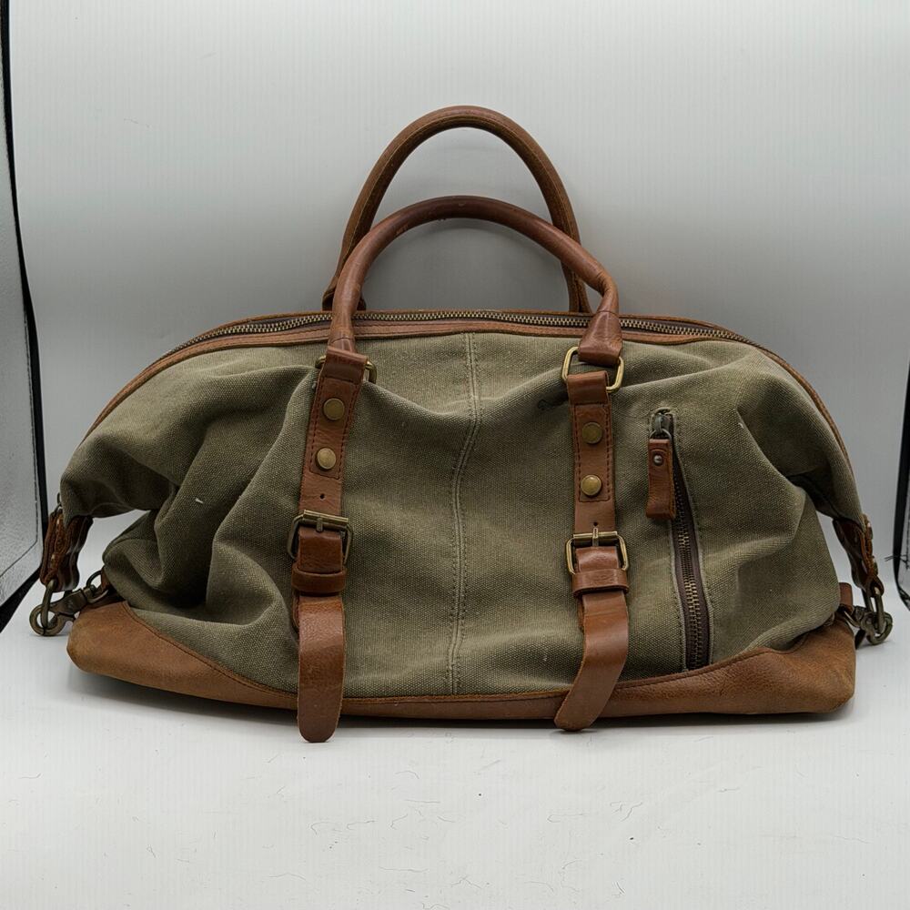 Vintage Acacia Olive Green Canvas/ Genuine Leather Duffel Travel Bag(16.5"x8.5")